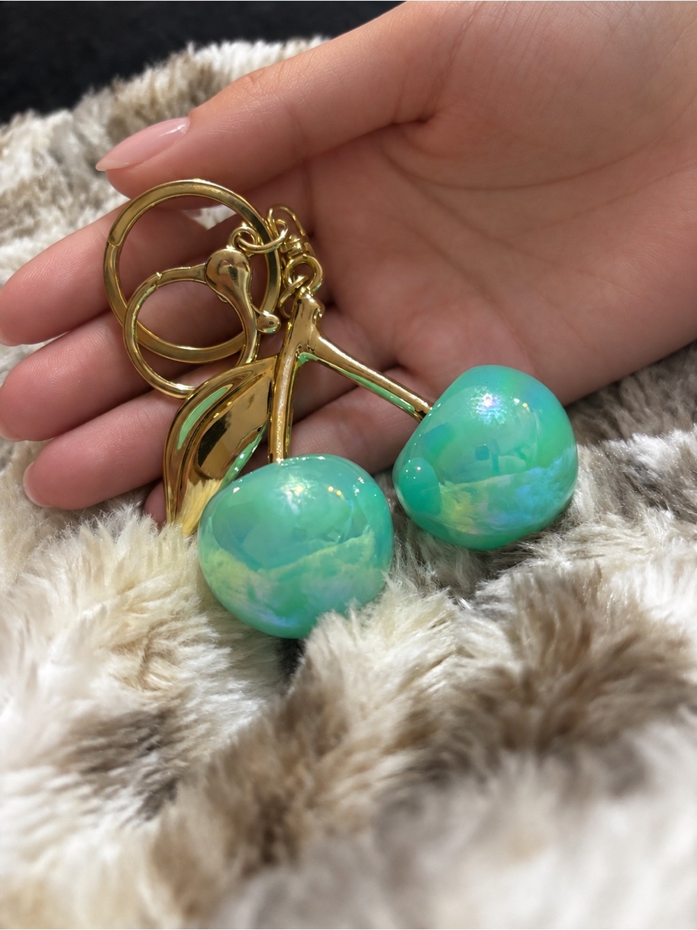 “
“C” Inspired Gold Cherry Keychain with Aqua Green Enamel Charms